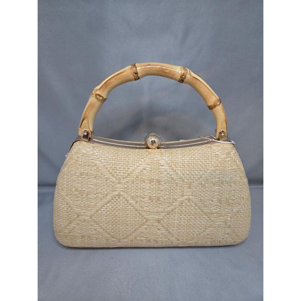 NWT Boho Vintage Woven Straw Frame Clutch Purse/Bamboo Handle Neutral
